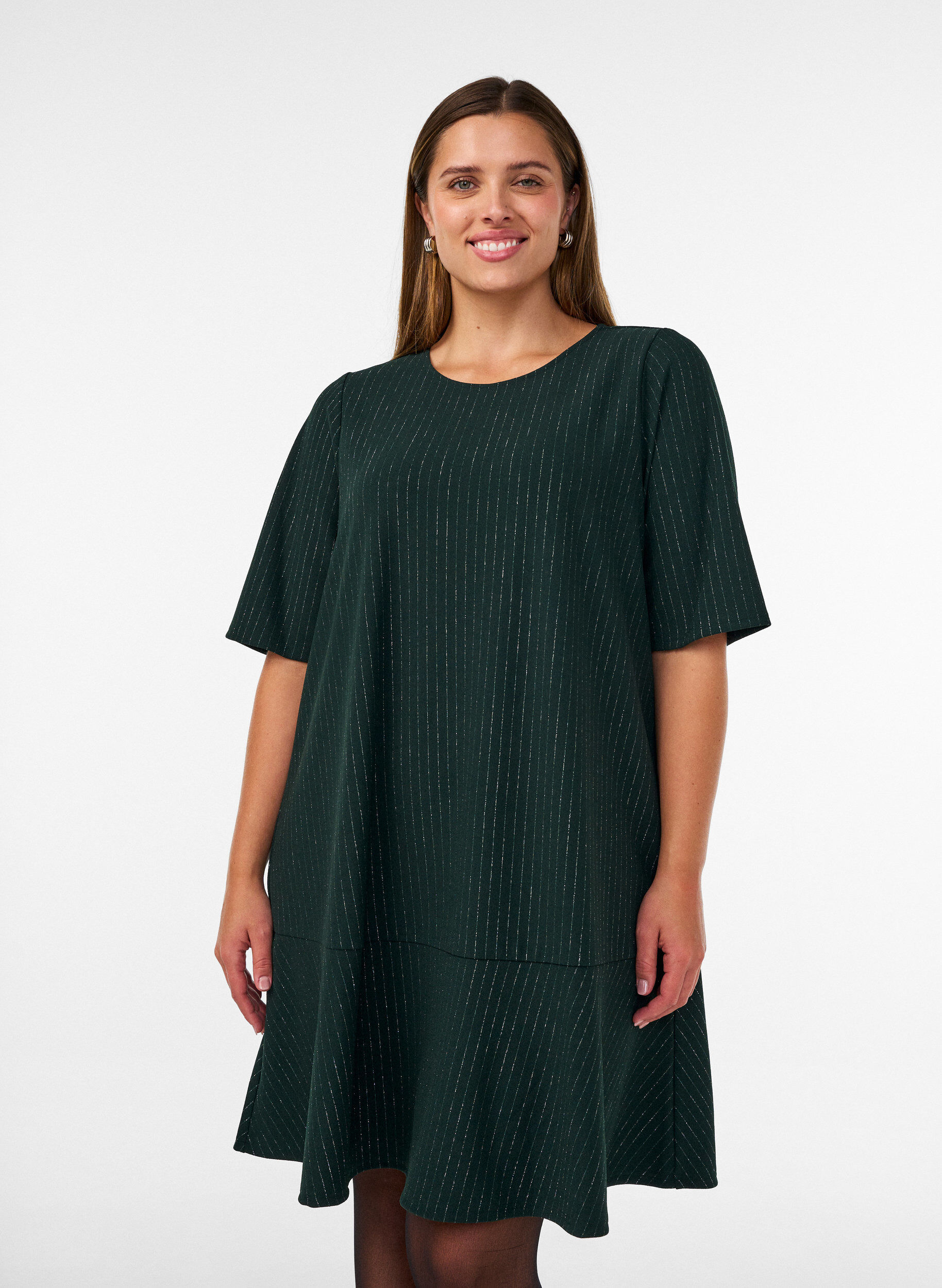 ZizziKorte A-lijnjurk met glitterstrepen, Groen, Model image number 0