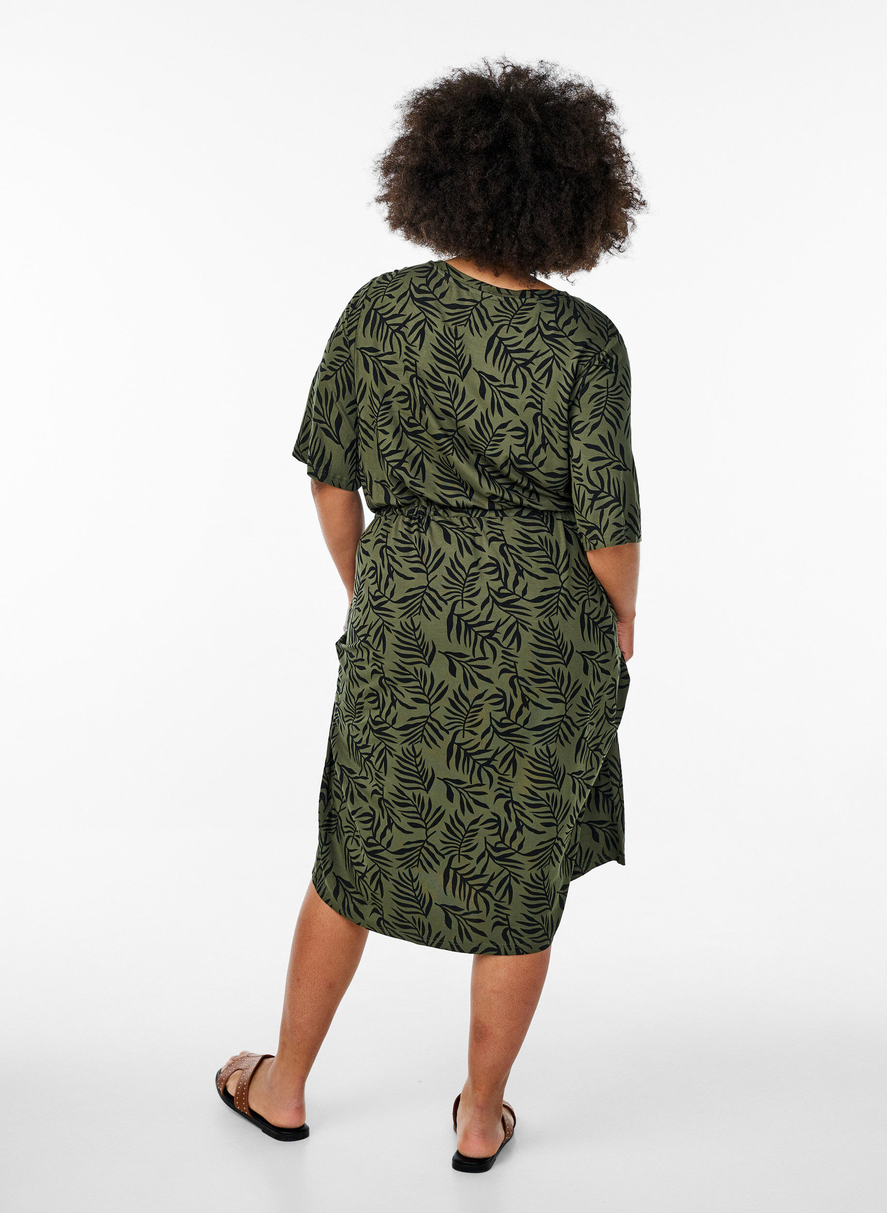 ZizziJersey midi jurk met strikriem in de taille, Groen, Model image number 1