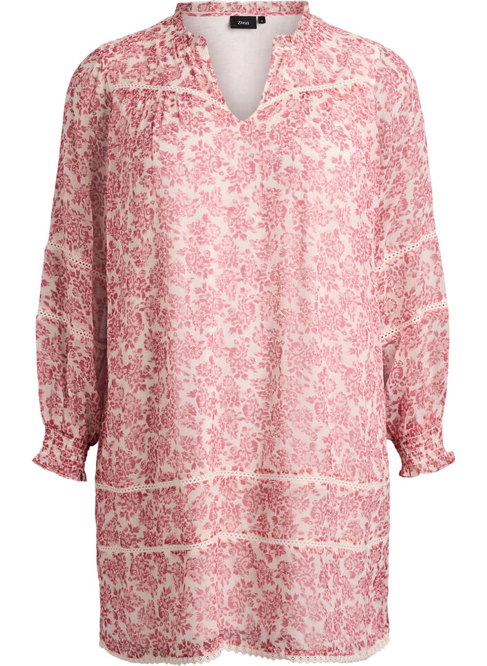 Korte chiffonjurk met gehaakte details, Roze, Packshot