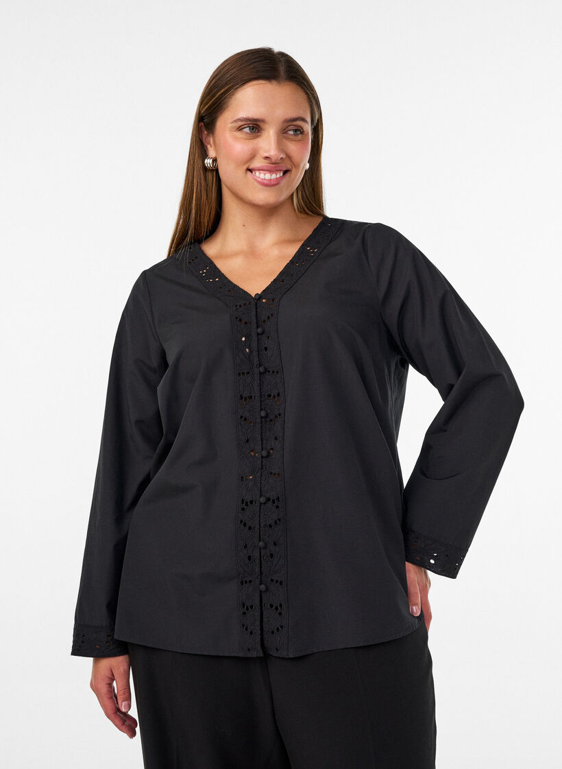 Blouse met broderie anglaise, Zwart, Model image number 0