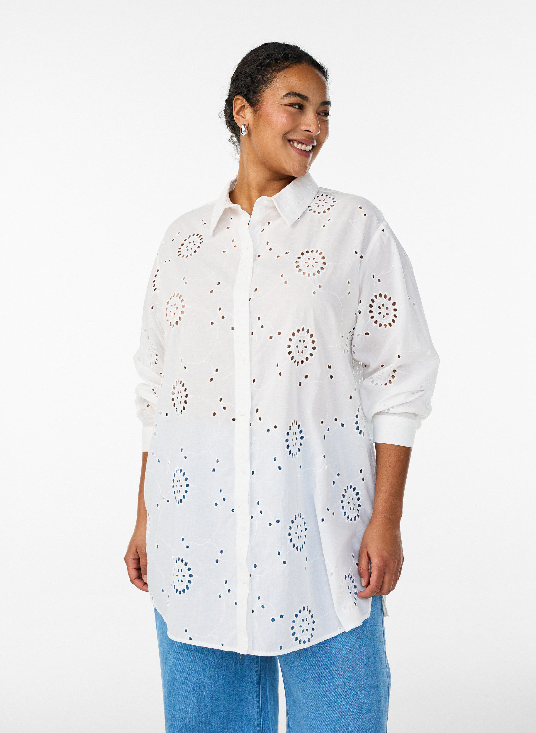 ZizziKatoenen tuniek met broderie anglaise, Wit, Model image number 0