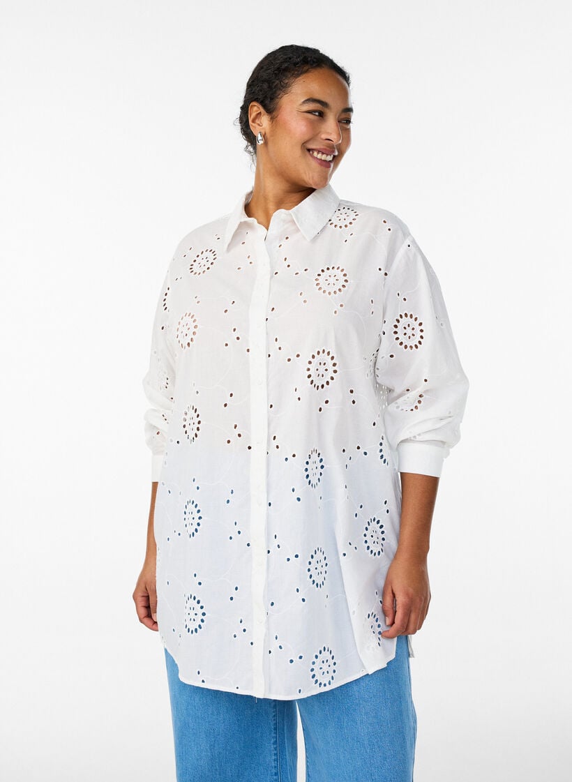 Katoenen tuniek met broderie anglaise, Wit, Model image number 0