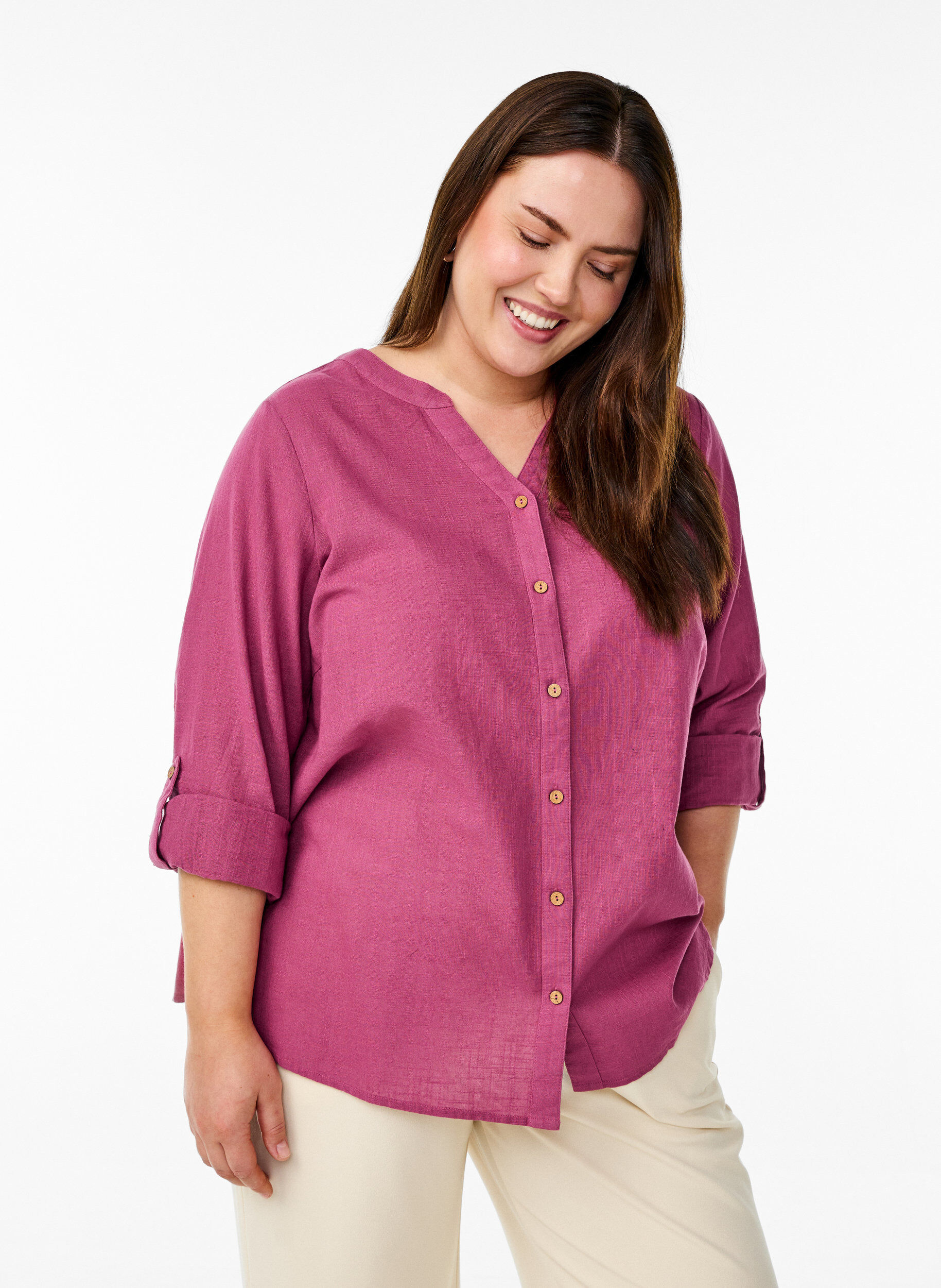 ZizziKatoenen blouse met een V-hals, Rood, Model image number 0