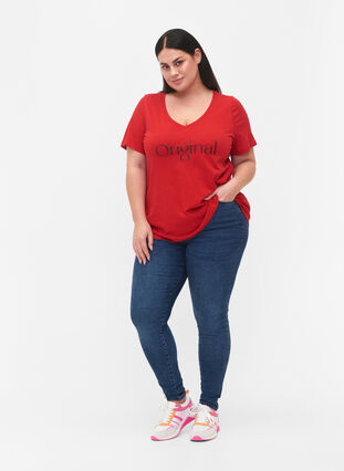T-shirt en coton avec impression de texte et col en V, Tango Red ORI, Model image number 2