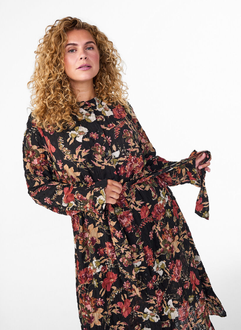 Midi-jurk met bloemenprint en afneembare strikceintuur, Zwart, Model image number 2