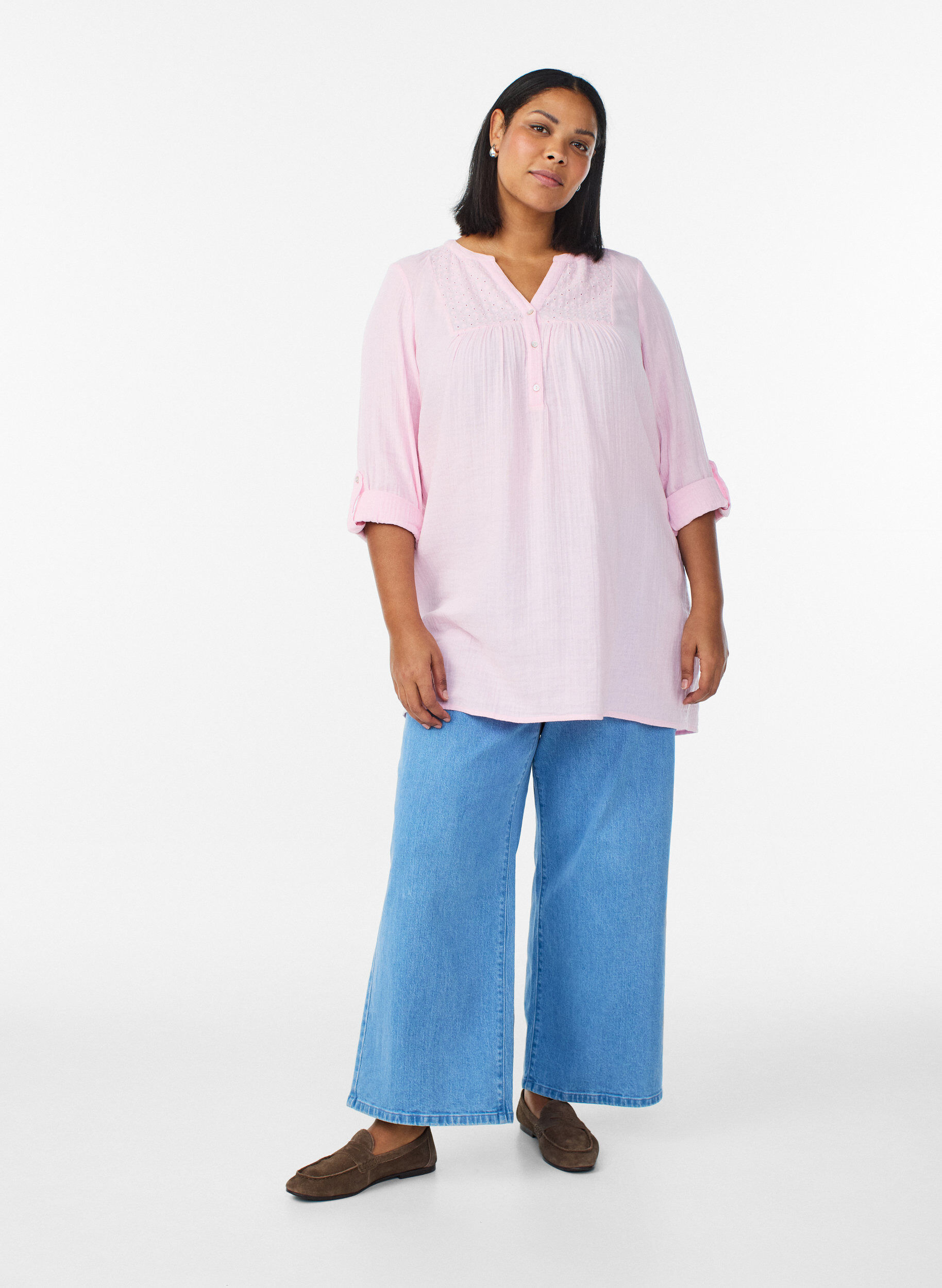 ZizziKatoenen mousseline tuniek met broderie anglaise, Roze, Model image number 1