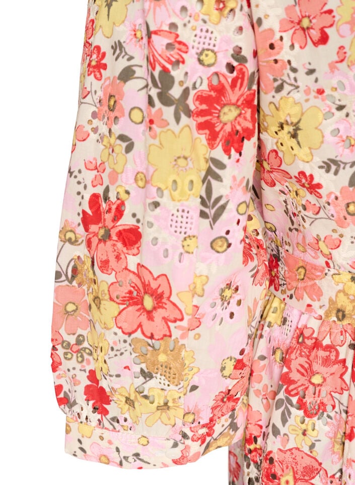 Bloemen midi-jurk met broderie anglaise en een strikriem, Roze, Packshot image number 3