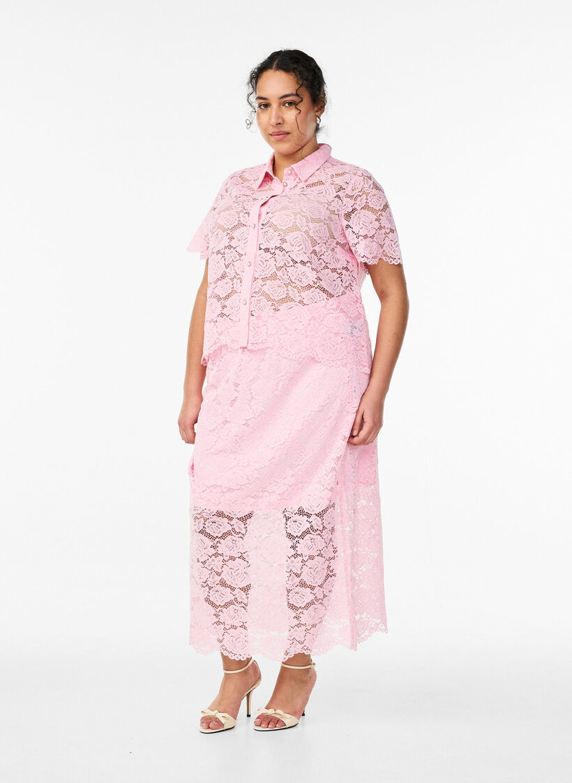 Jupe midi en dentelle avec taille &eacute;lastique, Rose, Model image number 0