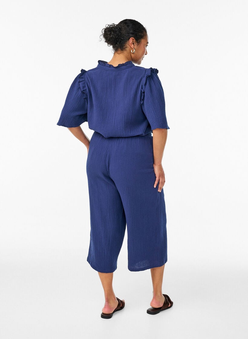 Pantalon culotte en mousseline de coton avec taille haute, Bleu, Model image number 1