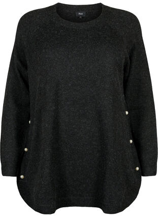 Gebreide gemêleerde pullover met parelknopen aan de zijkanten	, Dark Grey Melange, Packshot image number 0