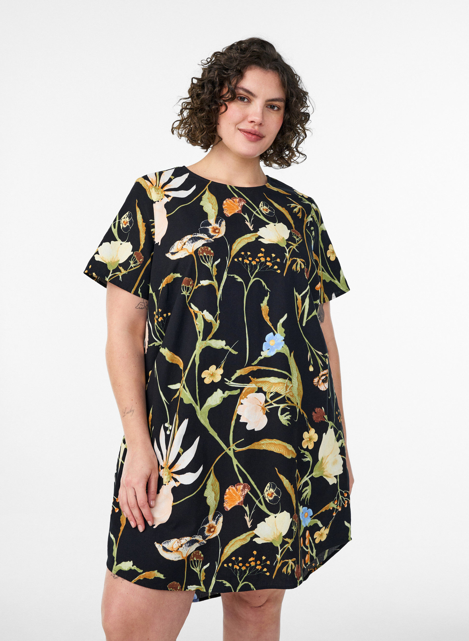 ZizziKatoenen tuniek met een bloemenprint, Zwart, Model image number 0