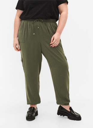 Pantalon cargo de couleur unie avec de grandes poches, Black Olive, Model image number 2