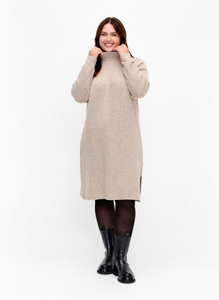Ribbed Knit Dress met col, Simply Taupe Mel., Model image number 2