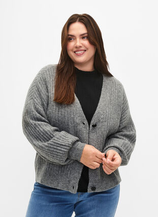 Cardigan mélangé en tricot côtelé, Light Grey Melange, Model image number 0