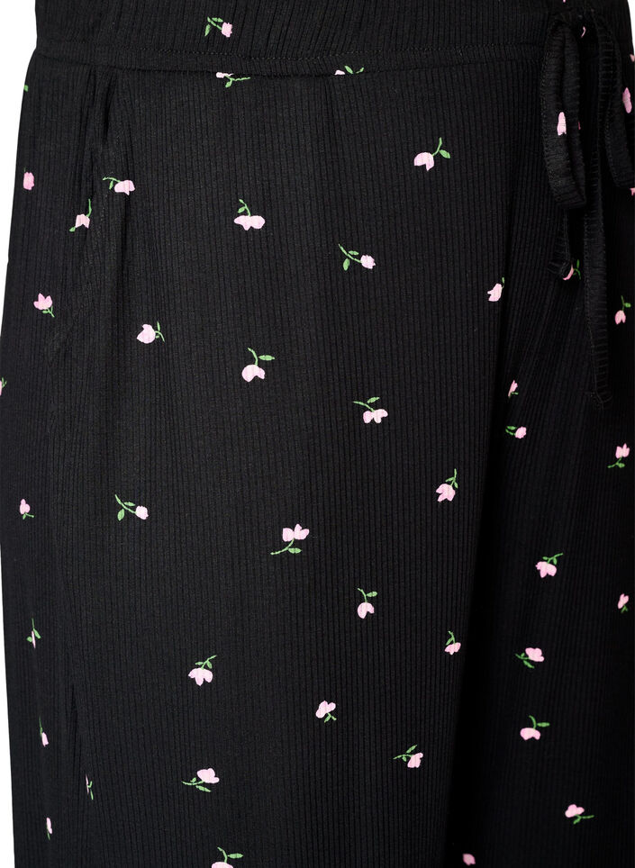 Pyjamabroek met geribde textuur en bloemenprint, Zwart, Packshot image number 2