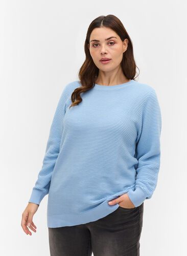 Blouse en tricot à manches longues en coton bio, Chambray Blue, Model image number 0