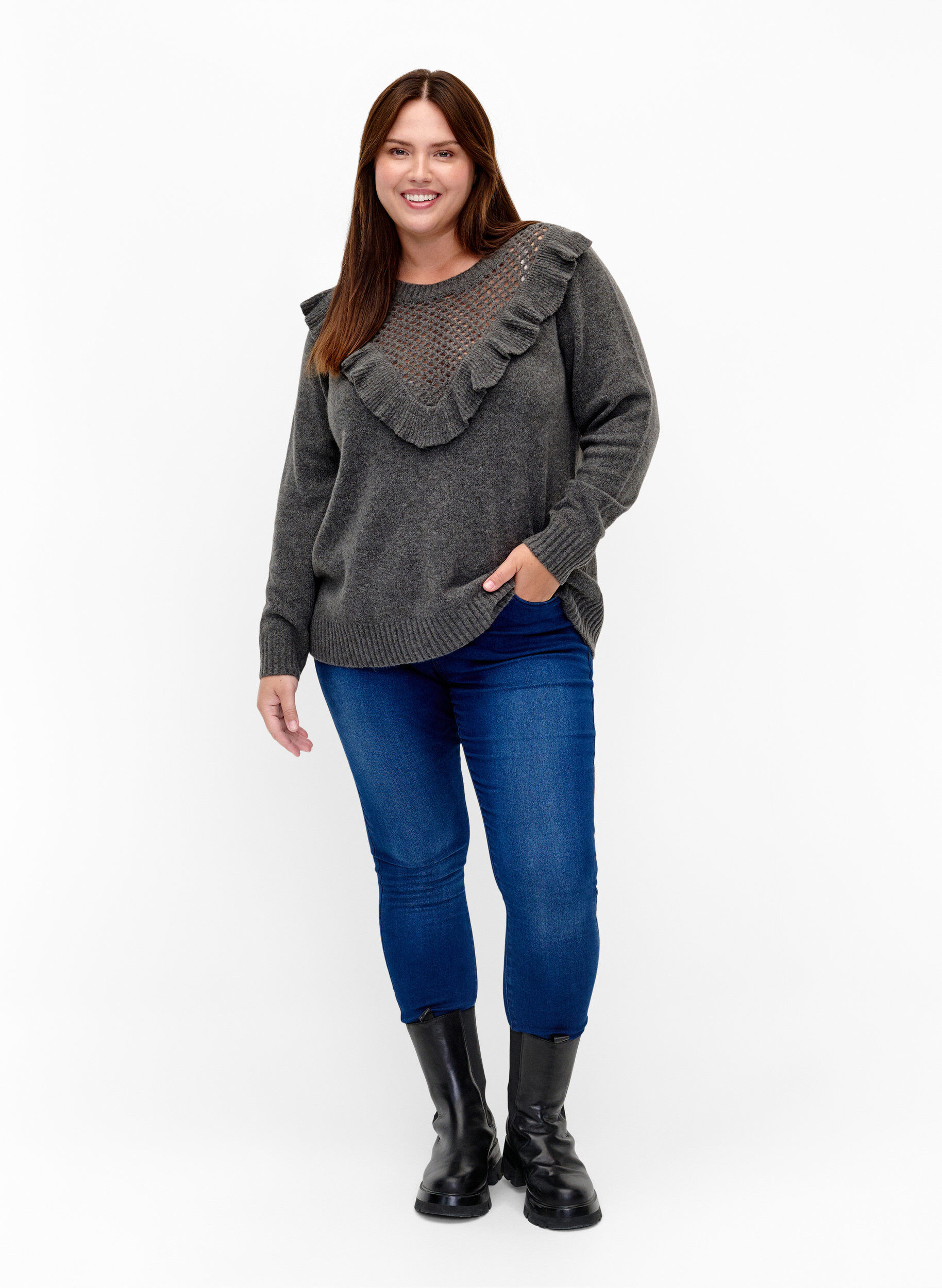 ZizziGebreide wollen trui met ruches, Dark Grey Melange, Model image number 2