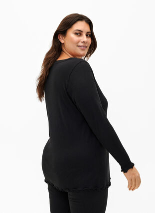 Geribde blouse met lange mouwen en een V-hals, Black, Model image number 1