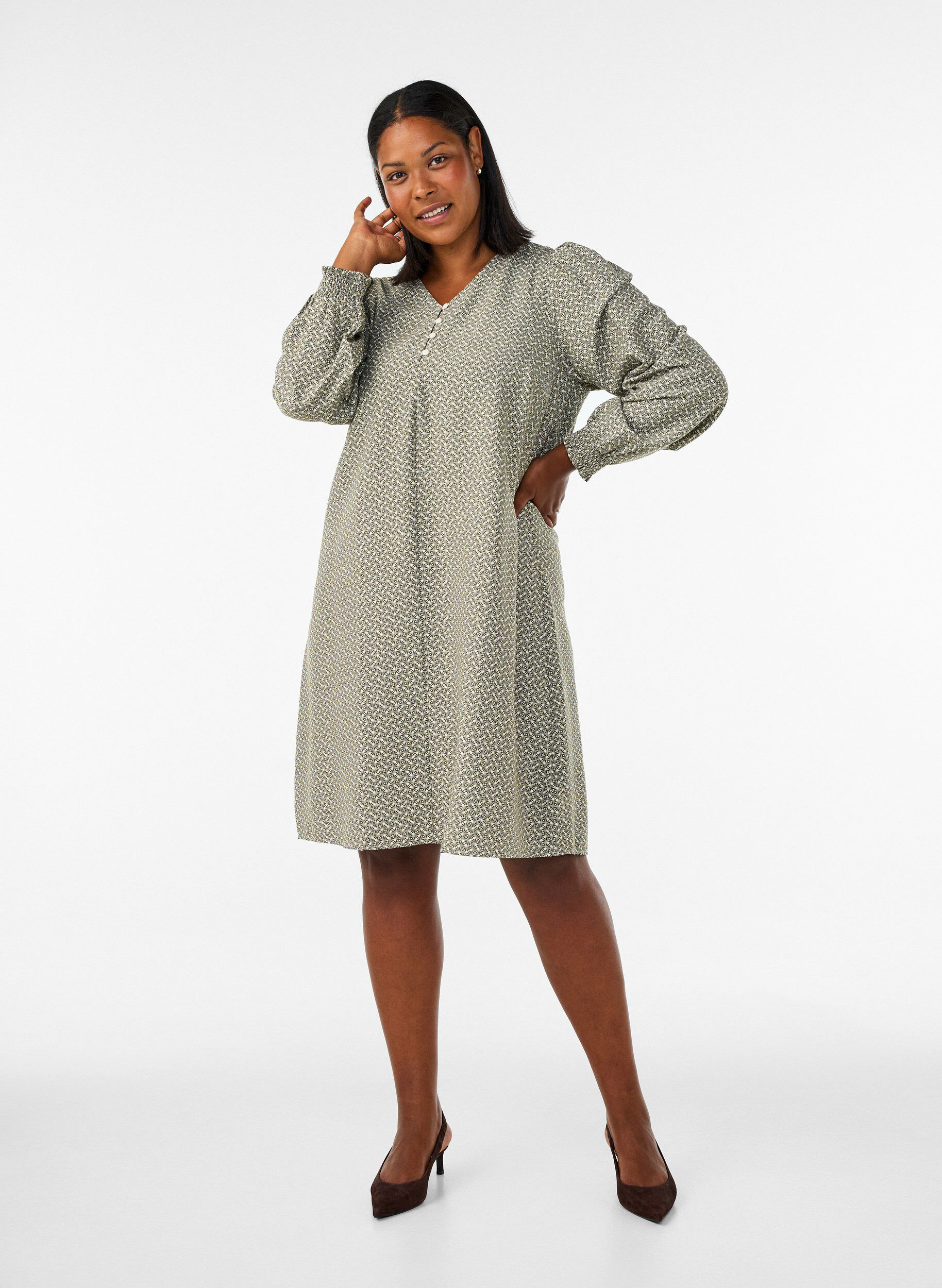 ZizziJurk van viscose met patroon en lange mouwen, Groen, Model image number 1