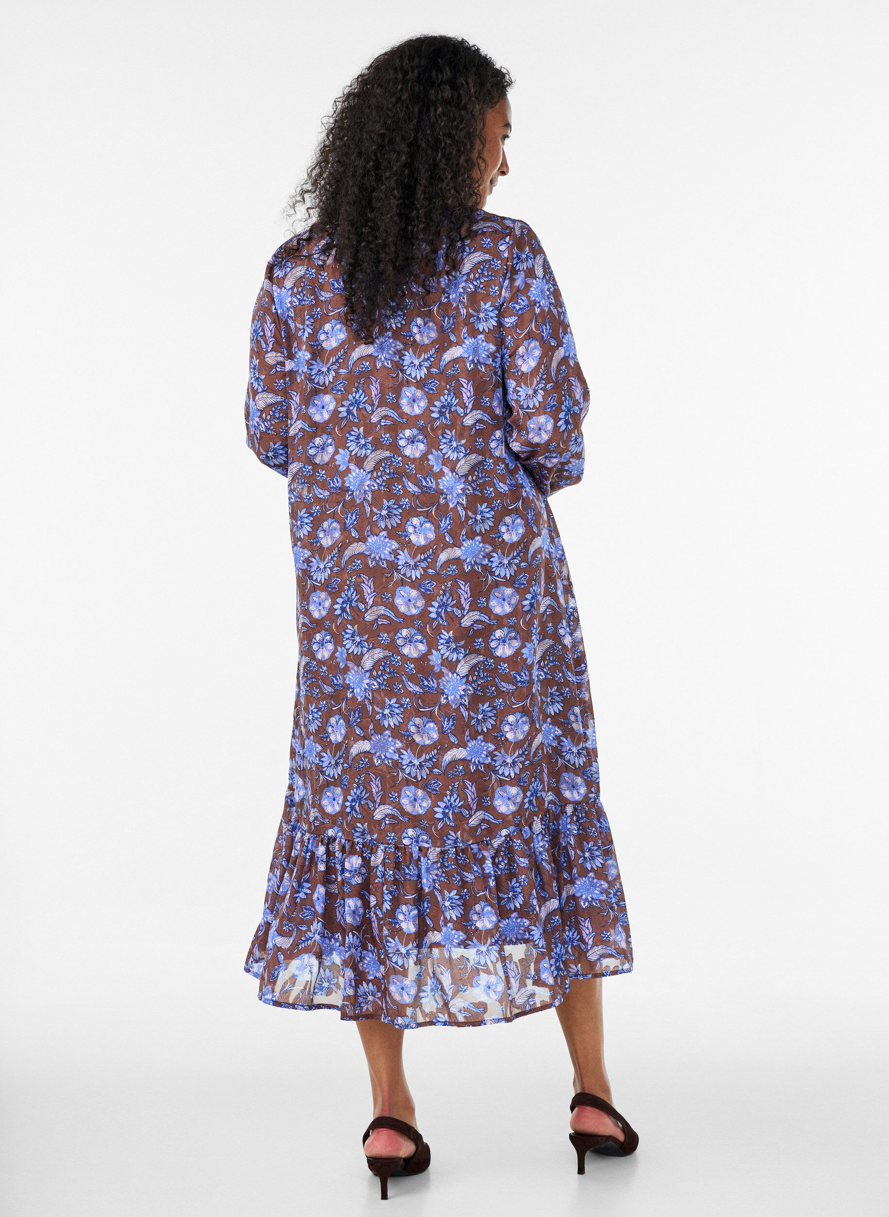 ZizziMidijurk met bloemenprint en ruchezoom, Bruin, Model image number 1
