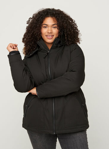 Manteau d'hiver court avec capuche et bordure en fausse fourrure, Black, Model image number 0