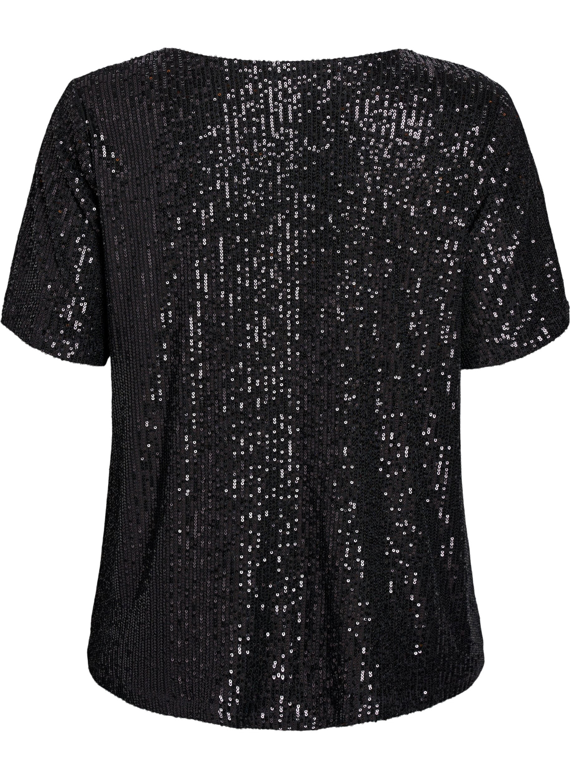 ZizziSequin blouse met V-hals en korte mouwen, Zwart, Packshot image number 1