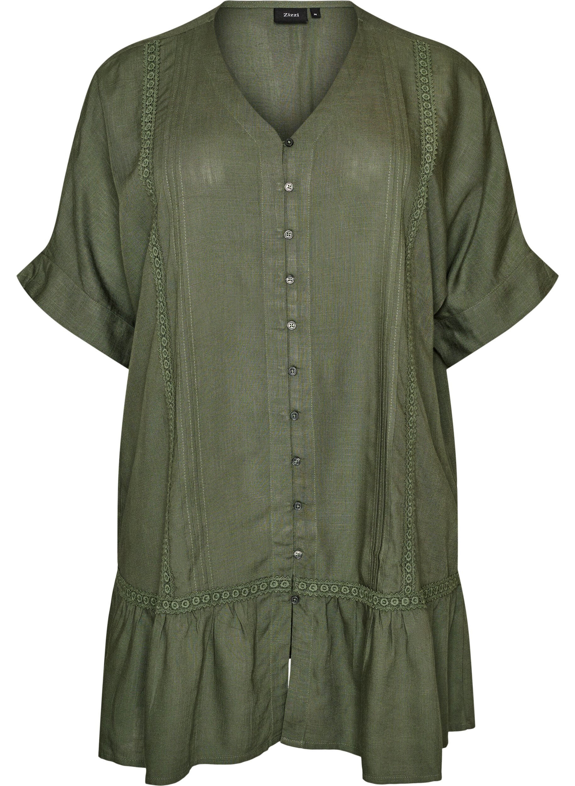ZizziViscose tuniek met knopen en rucherand, Groen, Packshot image number 0