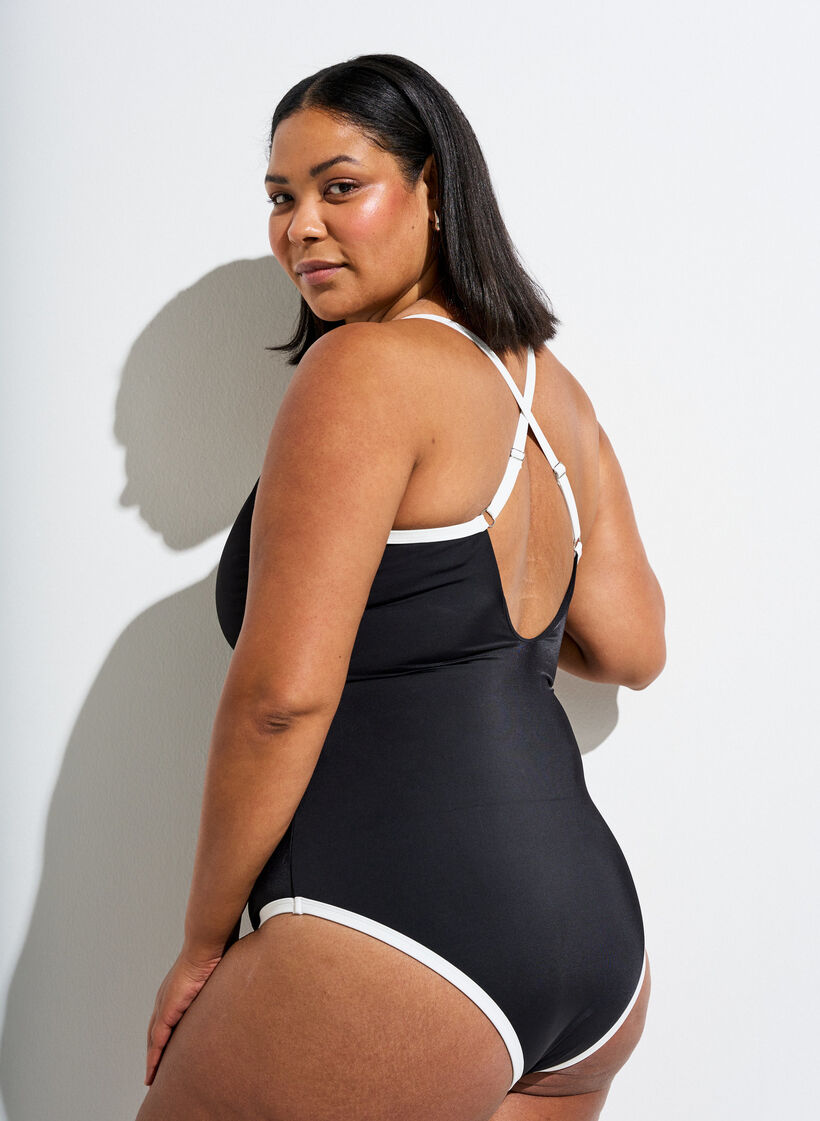 Sportbadpak met contrastbies en gekruiste bandjes, Zwart, Model image number 1