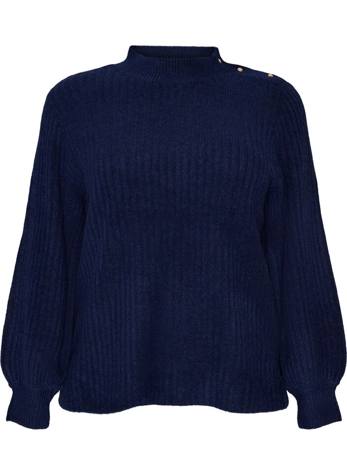 Pull c&ocirc;tel&eacute; &agrave; manches bouffantes et boutons, Bleu, Packshot image number 0