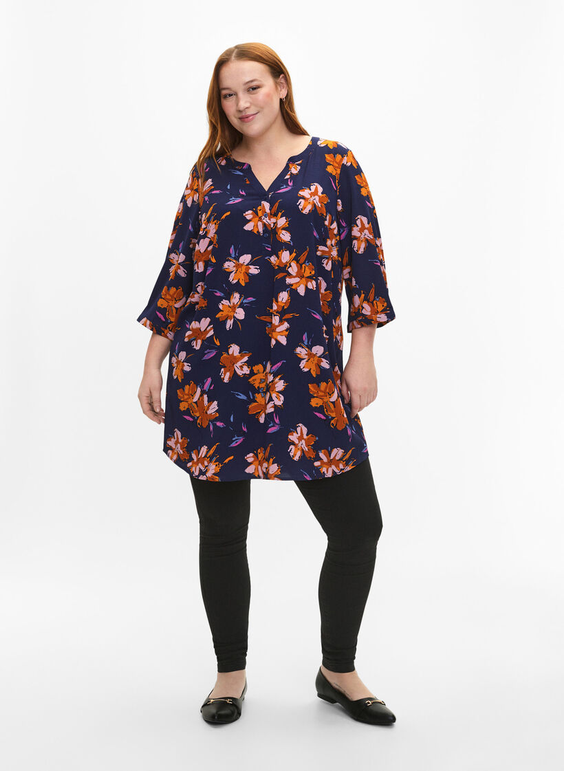 Gebloemde tuniek met 3/4 mouwen, Peacoat Flower AOP, Model image number 2