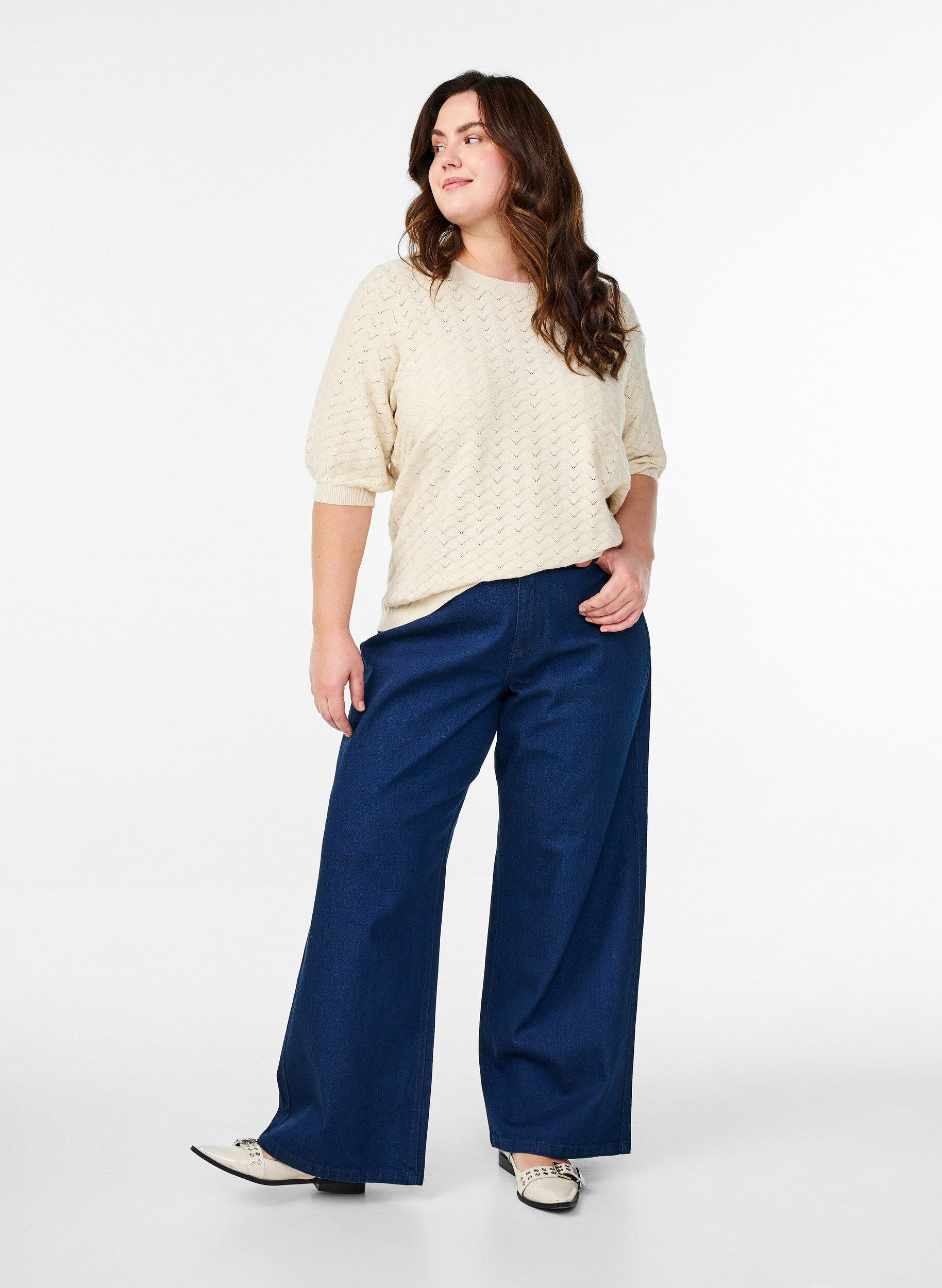 ZizziGebreide blouse met opengewerkt patroon en korte mouwen, Birch Mel., Model image number 2