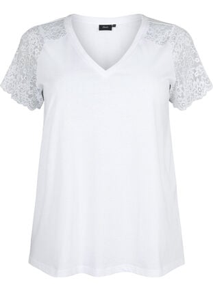 T-shirt en coton à manches courtes en dentelle, Bright White, Packshot image number 0