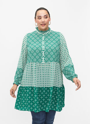 A-vorm jurk met patronen en uitsnijdingen, Green AOP, Model image number 0