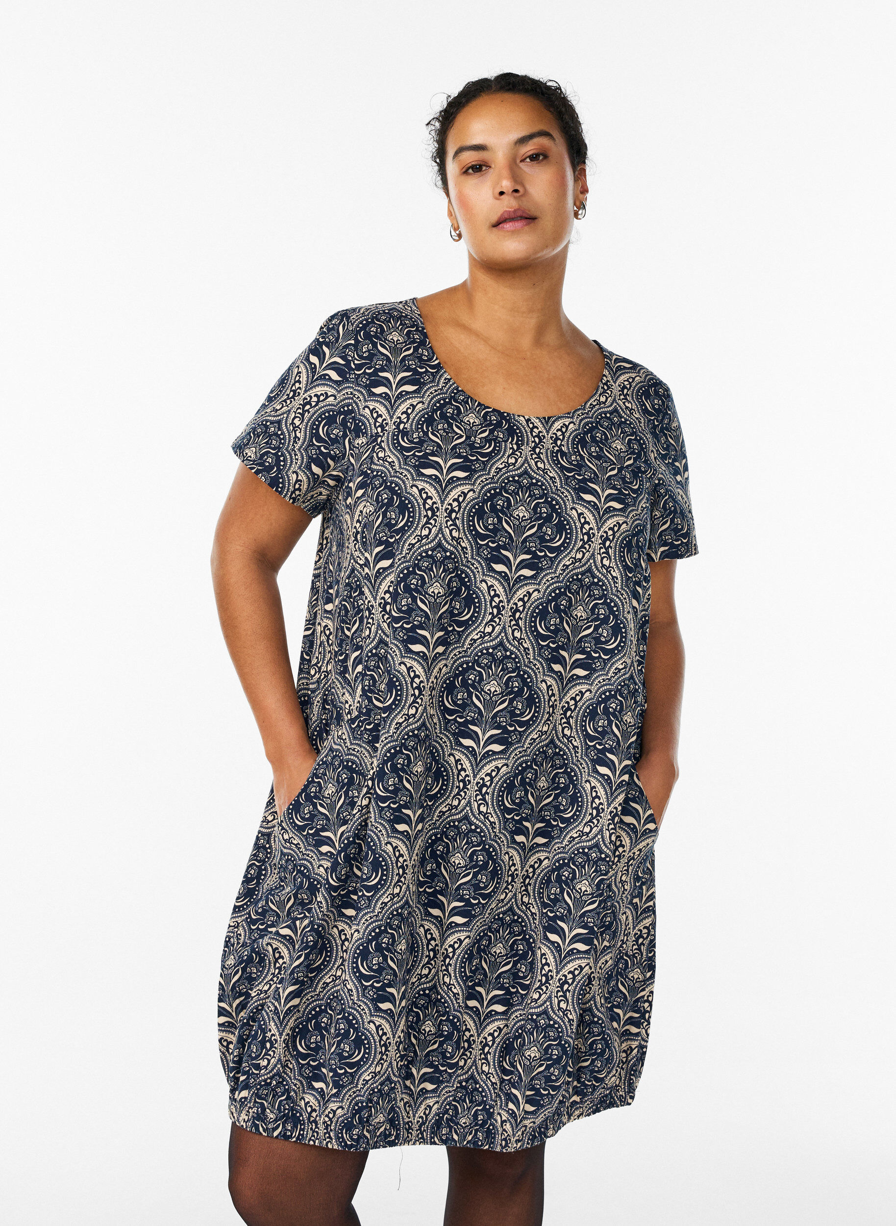Katoenen jurk met korte mouwen en print, Blauw, Model