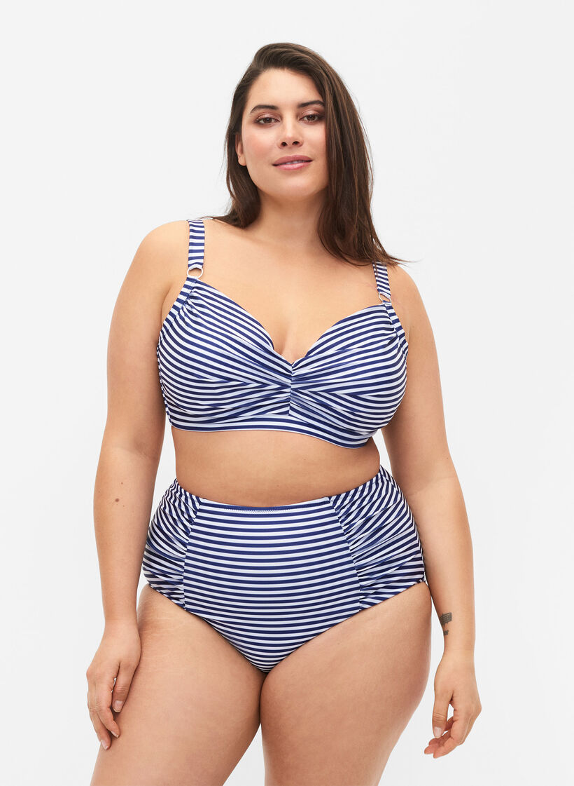 Bas de bikini à rayée avec taille haute, Bleu, Model image number 0