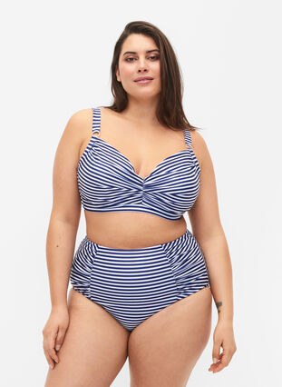 Bas de bikini à rayée avec taille haute, Blue Striped, Model image number 0