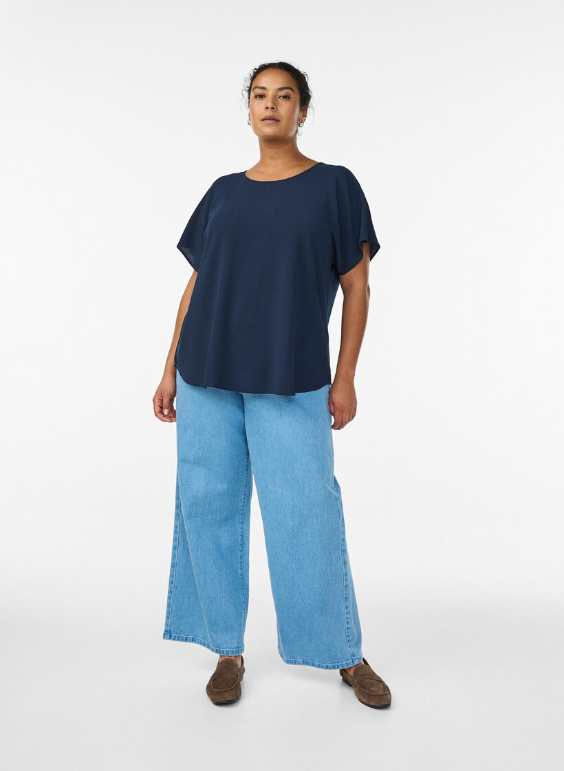 Blouse &agrave; manches courtes et encolure ronde, Bleu, Model image number 1