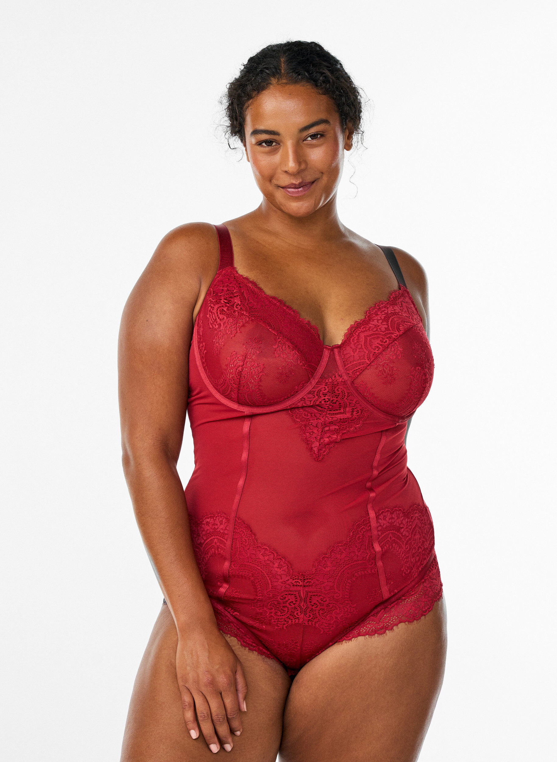 Zizzi Body en maille avec dentelle et armatures, Rouge, Model image number 0