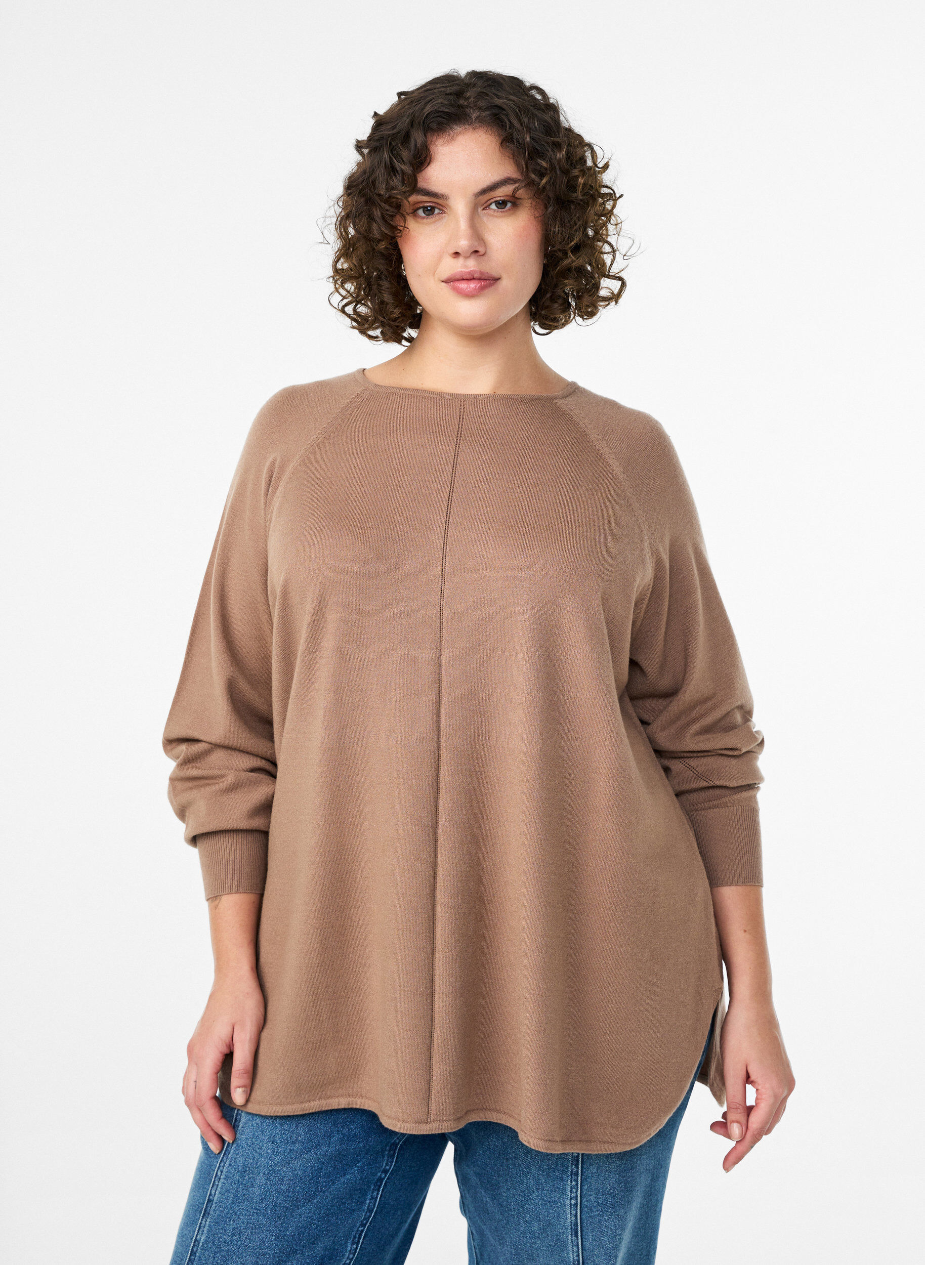 ZizziBreigoed blouse met ronde hals en gebreid patroon, Bruin, Model image number 0