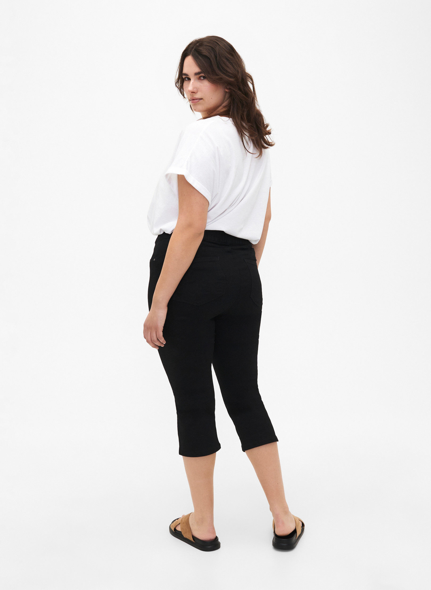 ZizziDenim capribroek met elastische tailleband, Zwart, Model image number 1