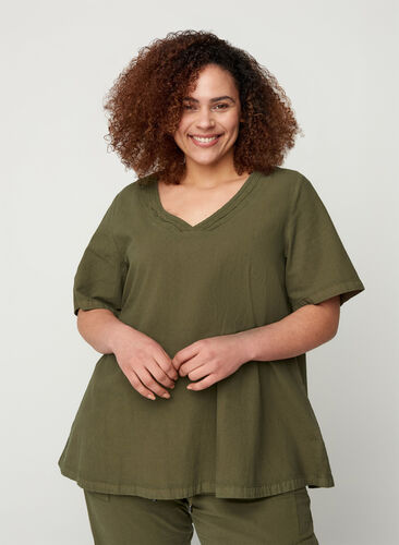Haut à manches courtes en coton, Ivy Green, Model image number 0