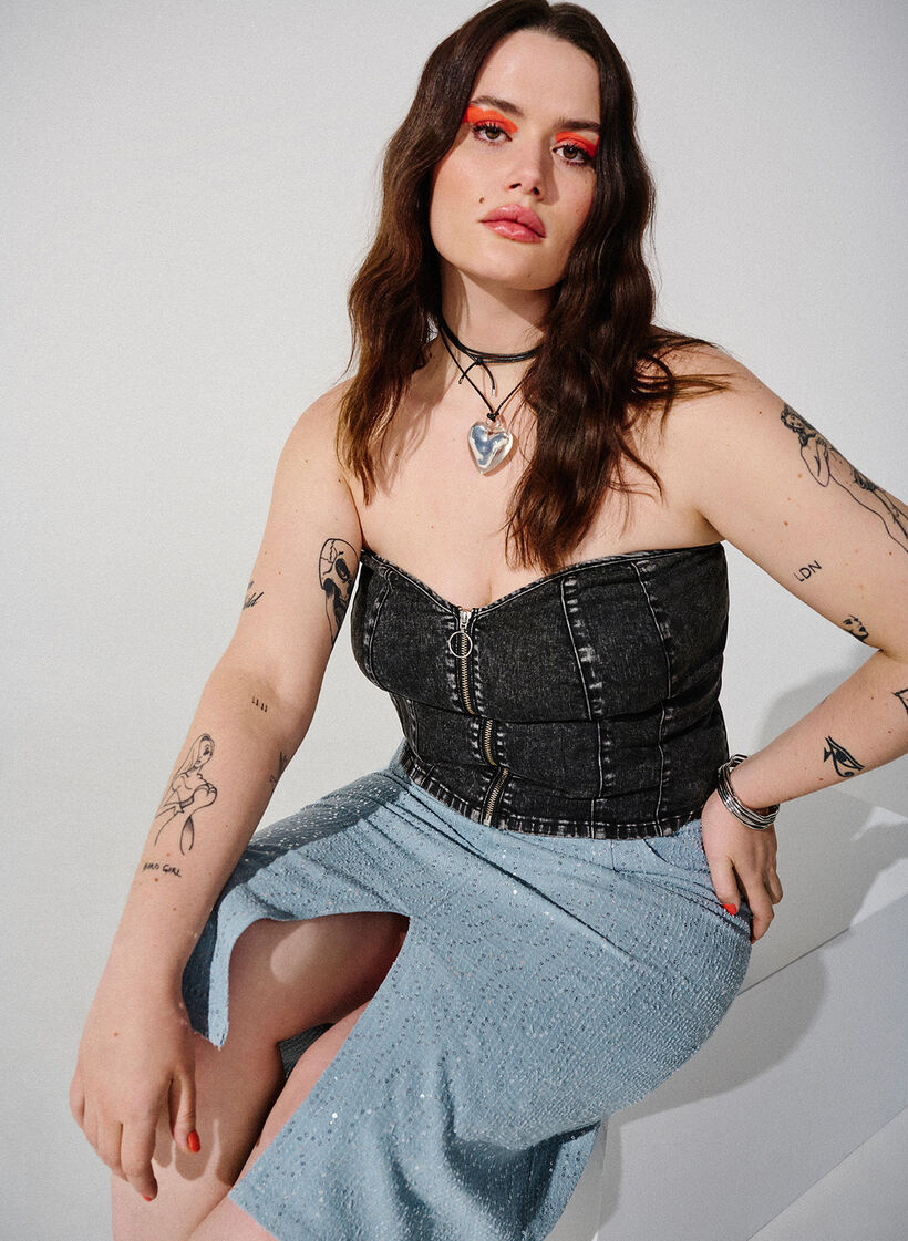 Denim rok met split en pailletten, Light Blue Denim, Image image number 0