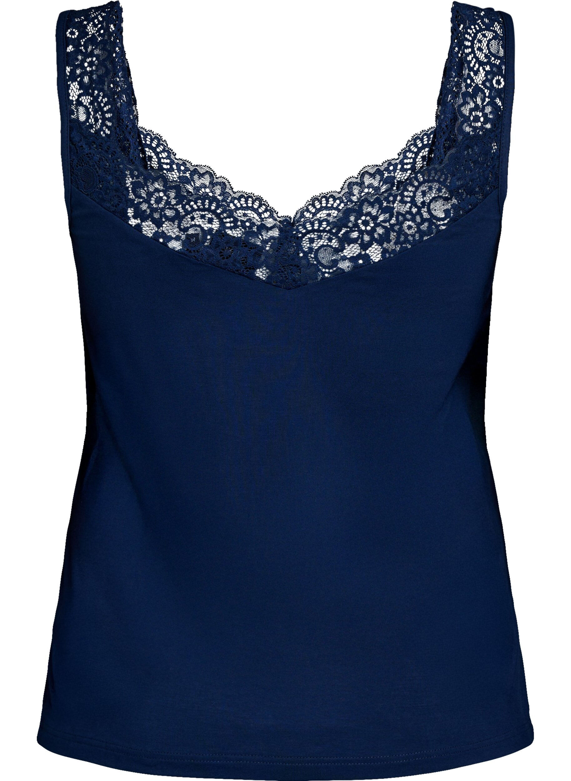 ZizziViscose top met kanten rand, Blauw, Packshot image number 1