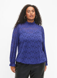 Kanten blouse met lange mouwen en smok, Deep Ultramarine, Model