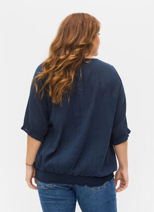 Katoenen blouse met smokwerk en korte mouwen, Navy Blazer, Model image number 1