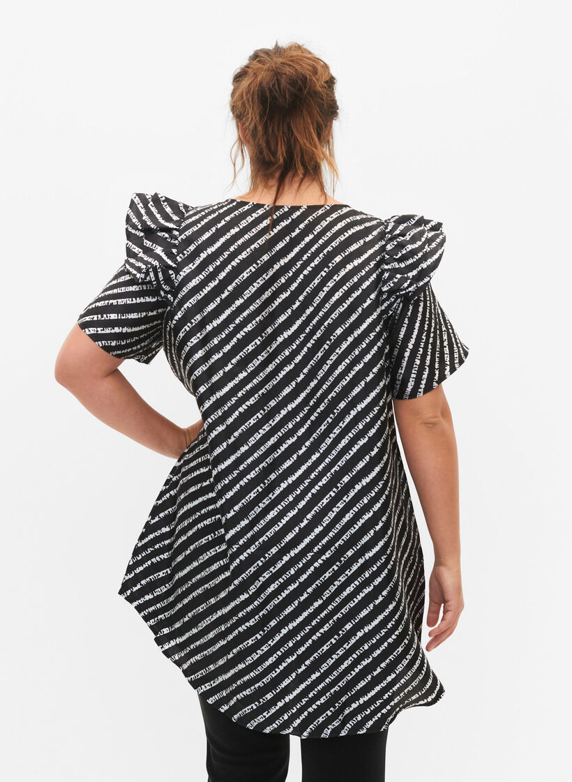 Gestreepte tuniek met franjes, Black/White Stripes, Model image number 1