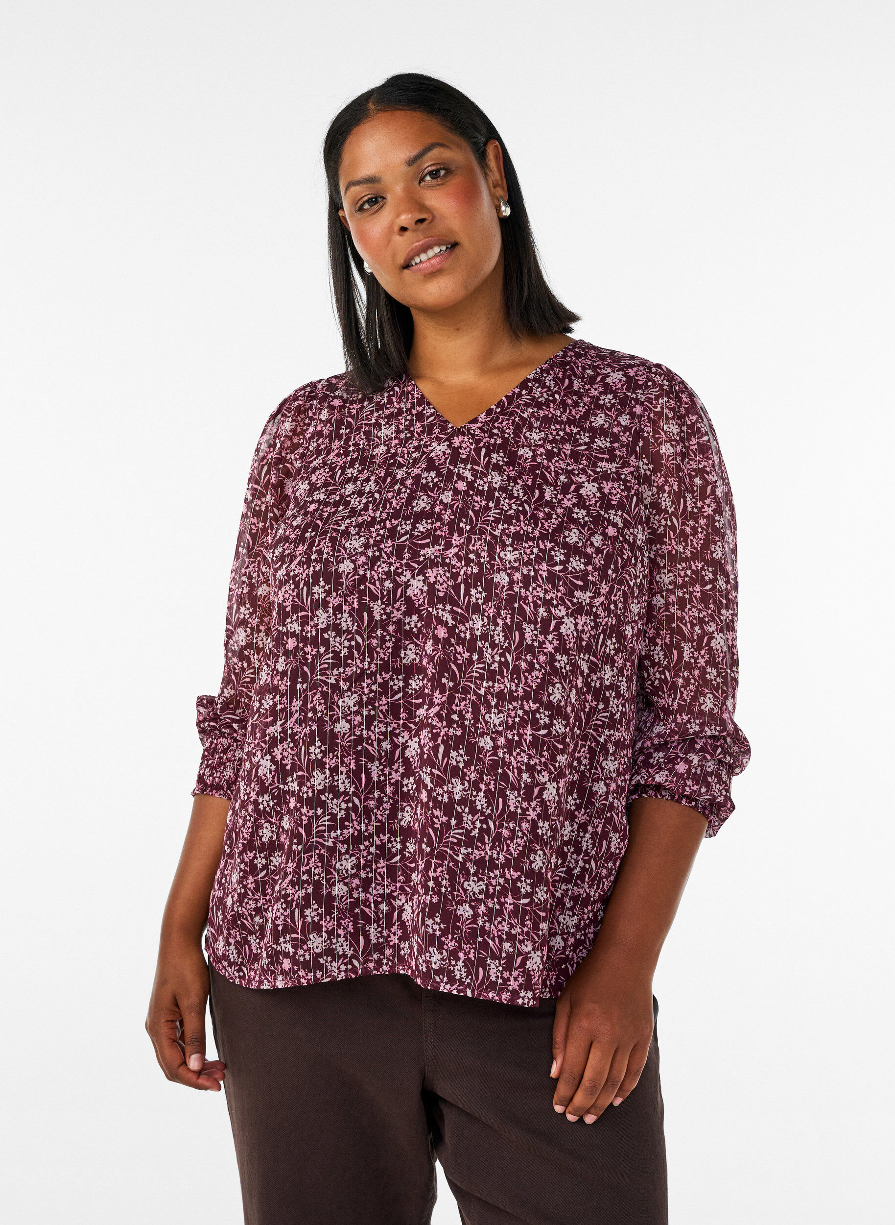 Blouse met bloemenprint en glitterdraad, Rood, Model