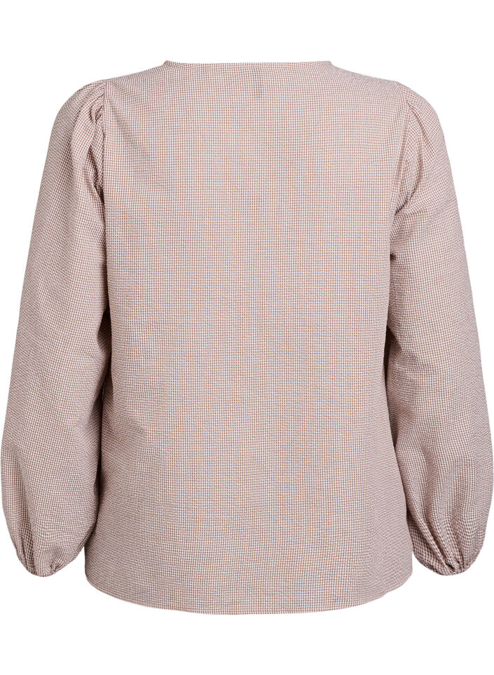 Blouse met V-hals en kleine ruitjes, Beige, Packshot image number 1