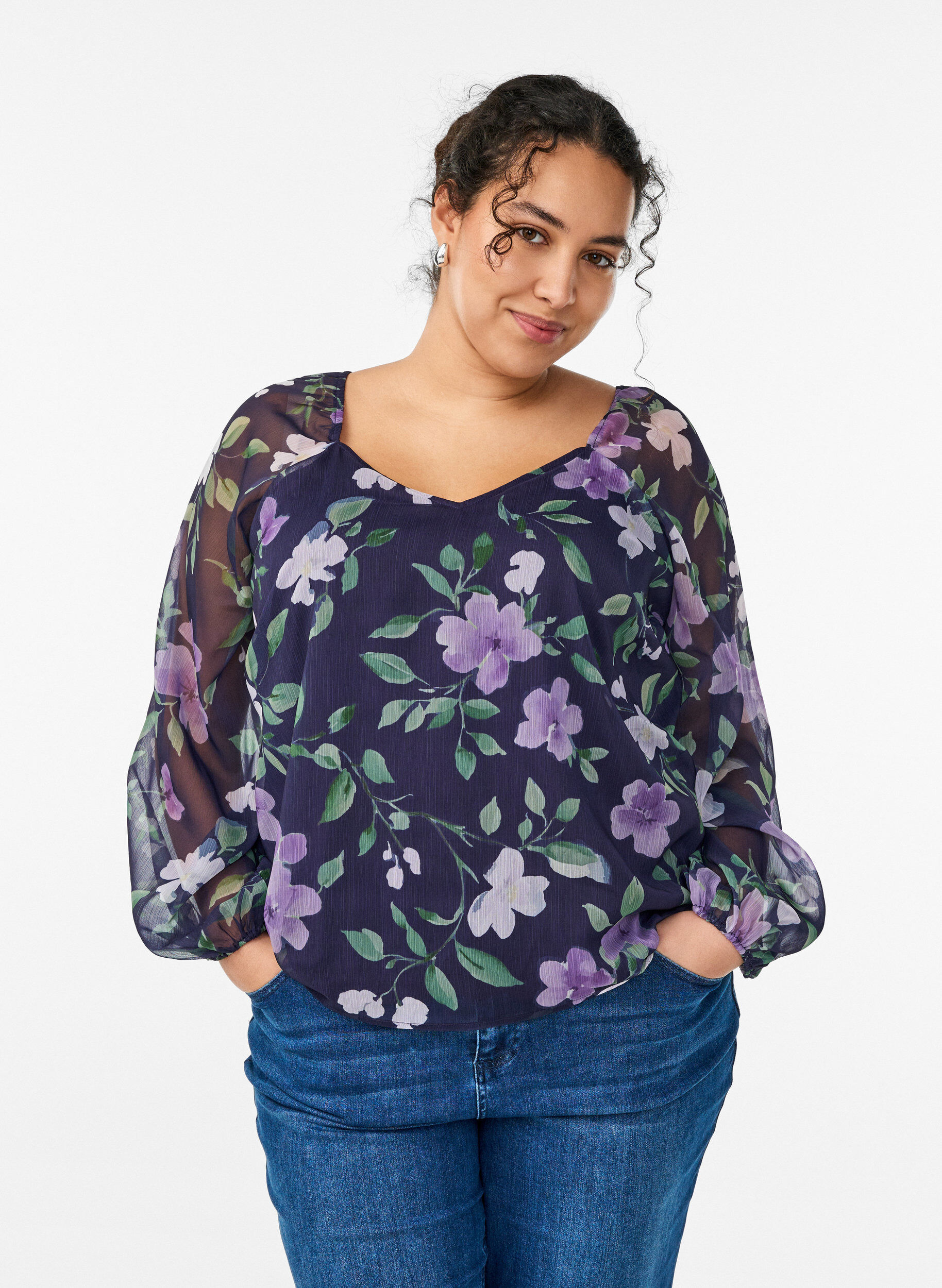 ZizziChiffon blouse met bloemenprint en lange mouwen, Blauw, Model image number 0
