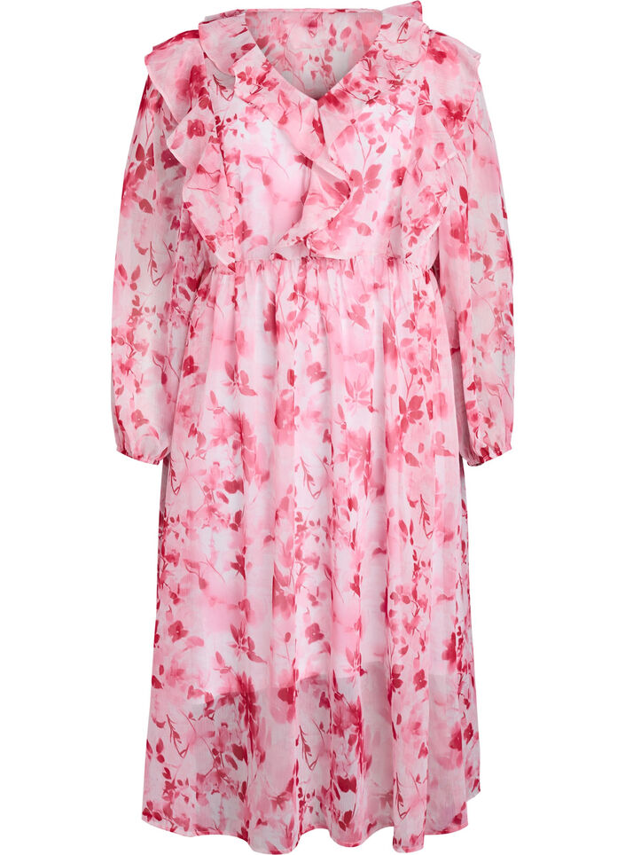 Chiffonjurk met bloemenprint, ruches en lange mouwen, Roze, Packshot image number 0